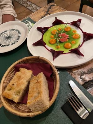 Beetroot starter with focaccia   at Pandora Greenbox in Split