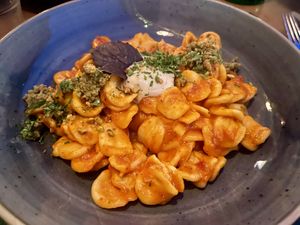 Vegan pasta with pistachio crumble, vegan cheese and herbs. Totally delicious.   at Pandora Greenbox in Split