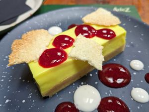 Lemon cake dessert at Pandora Greenbox in Split