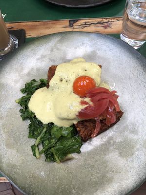 Benedict - smoked tofu, potato hash   at Pandora Greenbox in Split