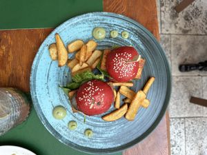 Sliders with fries and wasabi   at Pandora Greenbox in Split