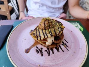 Breakfast pancakes (with peanut butter, banana and pistachio, very filling) at Pandora Greenbox in Split