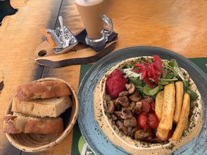 Big breakfast served until 13:45.   Comes with the focaccia.  at Pandora Greenbox in Split