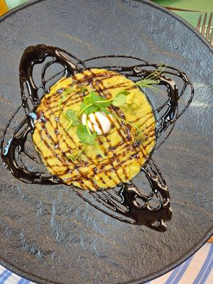 Risotto with zucchini, citrus feta cream and balsamic. Incredible. at Pandora Greenbox in Split