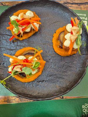 Crispy tempeh: polenta crust, eggplant, carrot-miso puree, wasabi aioli. at Pandora Greenbox in Split