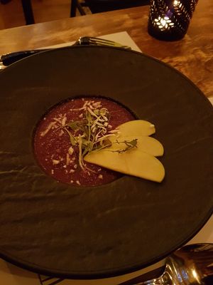 Purple cabbage apple soup at Pandora Greenbox in Split