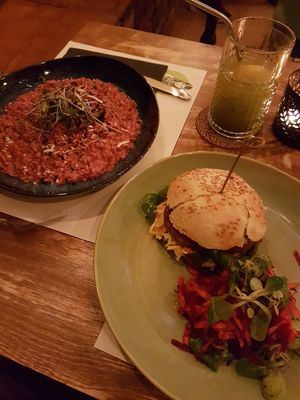 Vegan burger and beet risotto at Pandora Greenbox in Split