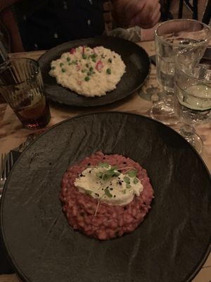 Beetroot risotto, goat cheese risotto at Pandora Greenbox in Split