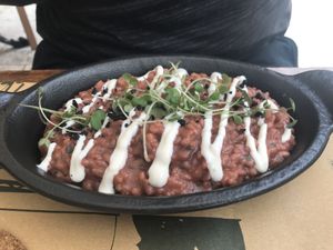 Vegan beetroot risotto- with soy creamy sauce. at Pandora Greenbox in Split