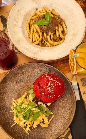 Truffle vegan spaghetti and burger at Pandora Greenbox in Split