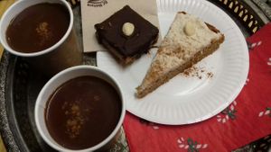 Christmasevent on Sunday in Advent. Vegan drinking Chai-Chocolate, christmas treat (with homemade marzipan, apricotjam and dark chocolate coating), carrotcake with almondcheese :) at Crulinària in La Bisbal Demporda