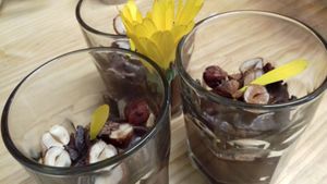 Avocado Chocolatemousse with caramelized hazelnuts and marigold from our garden at Crulinària in La Bisbal Demporda