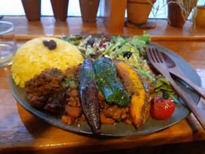 Vegan bean chilli and home roasted coffee. Ginger chai also amazing at Cafe Goryo in Furano
