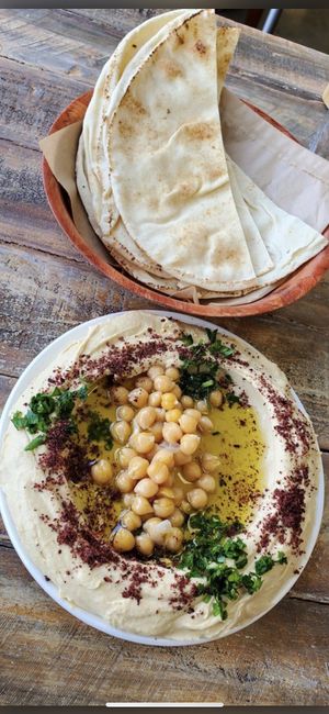 Delicious Humus with Pita Bread at Olive Press Eatery in Metuchen