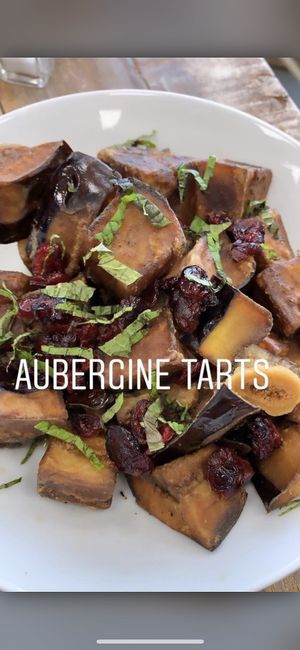 Aubergine Tarts with a Pomegranate dressing  at Olive Press Eatery in Metuchen