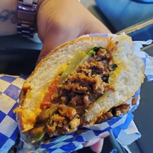 Ground Philly

Seasoned vegan ground meat, grilled onions and bell peppers, melted mozarella cheese and spicy mayo on a warm 6in loaf at Vegan Wit A Twist in New Orleans