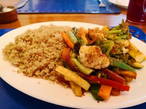 Wok veggies with quinoa, really good! at Ecole in Pucon
