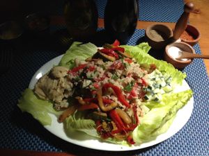 really delicious meal with quinoa, vegetables and humus at Ecole in Pucon