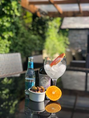 Olives and gin on the patio at Milan in Wooler