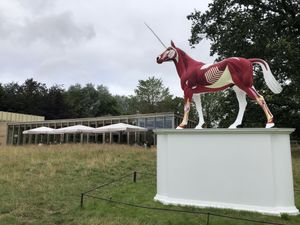 Restaurant behind a Damian Hirst Sculpture  at The Weston Restaurant in Wakefield