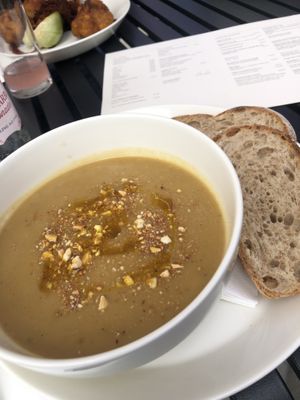 Curried parsnip and split pea soup with madras oil  at The Weston Restaurant in Wakefield