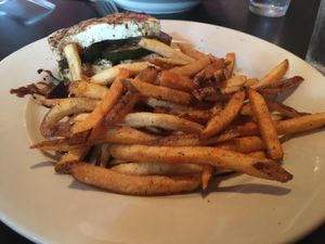 Tofu Napoleon with lots of fries at Iron Horse Station in Hot Springs