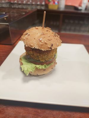 Vegan pintxo / minu burger with black garlic all-i-oli at El Parral in Vitoria Gasteiz