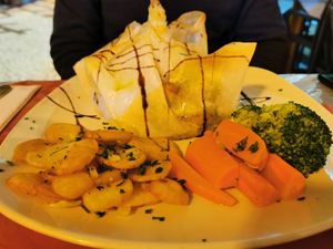 Veggie "brick" - layered veg and mozzarella parcel at Paula's Bistro in Funchal