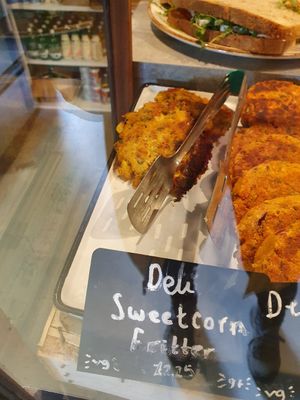 Vegan sweetcorn fritter at Open House Deli in Winchester