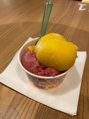 Raspberry & mango sorbets at Wafflemeister in South West London