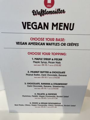 Vegan menu. They don’t do the savoury options anymore. Boo    at Wafflemeister in South West London