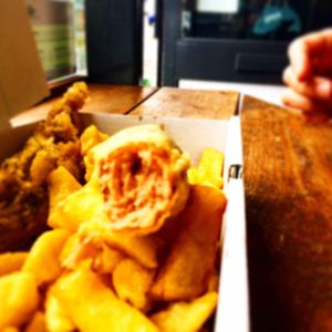 Vegan sausage and chips  at Laura's Fish Bar in Whitley Bay