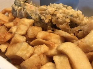 Banana blossom fish & chips  at Laura's Fish Bar in Whitley Bay