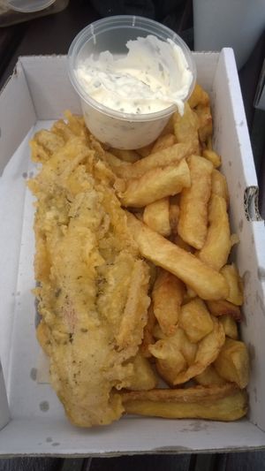 Vegan fish and chips with tartar sauce at Laura's Fish Bar in Whitley Bay