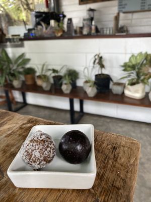 Tropical bliss ball was my fave and the dark chocolate one was lovely and fudge-y. Both vegan  at Kaffi Arugam Bay in Arugam Bay