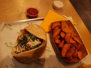 Palestinian falafel sandwich with wedges at Umi Falafel - North City in Dublin