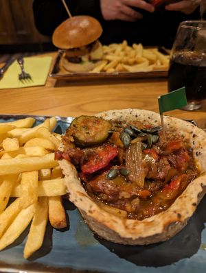 Mediterranean tart and beyond meat burger at Harvester in Dudley