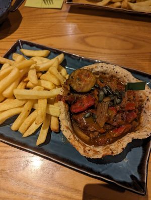 Mediterranean "tart" with chips at Harvester in Dudley