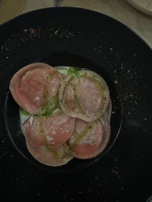 Beetroot ravioli with coconut milkk  at Paneri in Rhodes