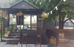 Inside courtyard at Veganistan Brat in Kyiv