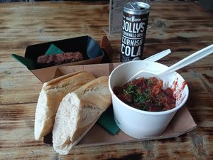 Vegan cassoulet with tempeh plus vegan brownie at St Nectan's Glen in Tintagel