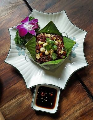 Lotus leaf fried brown rice at Shamballa Vegetarian Restaurant & Tea House in Ho Chi Minh City