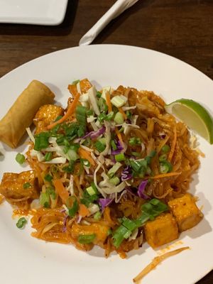 Vegan pad thai with tofu. Comes with one fried veggie spring roll  at Thai Diner in Lawrence
