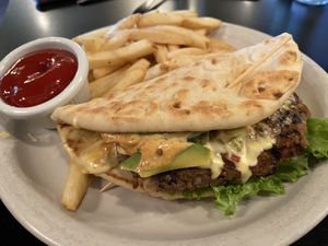 Black bean burger with fries at The Dish Cafe in Daniels