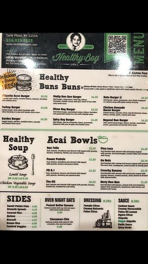 menu as of dec 2020 1 side at Healthy Boy Grill in Carle Place