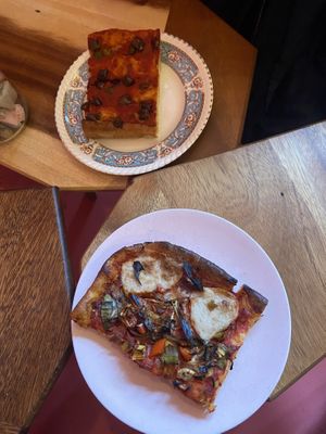 Focaccia with olives and the ‘special’ with mozzarella and leek. Both very good. at Life's a Peach in Utrecht