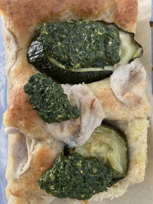 Focaccia with pesto and zucchini: very tasty  at Life's a Peach in Utrecht