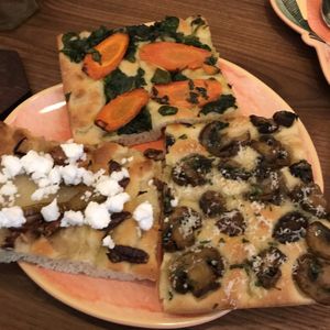 Focaccia’s - pear and ‘feta’, mushroom, truffle and Parmesan and spinach and carrot  at Life's a Peach in Utrecht