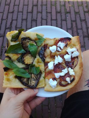 Eggplant and fake cheese focaccia at Life's a Peach in Utrecht