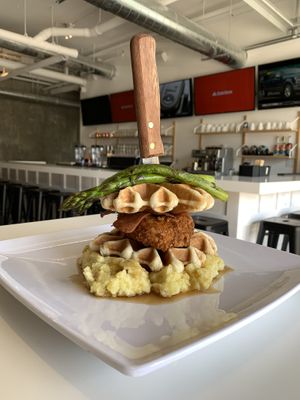So yummy... chicken and waffles  at The Modern Vegan in San Diego